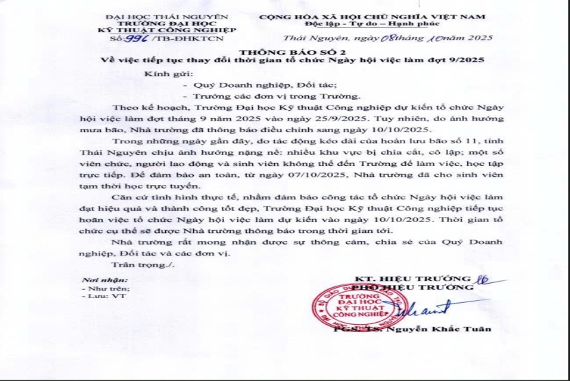 TB SỐ 2: Thông báo tiếp tục thay đổi thời gian tổ chức chương trình Ngày hội việc làm đợt tháng 9/2025