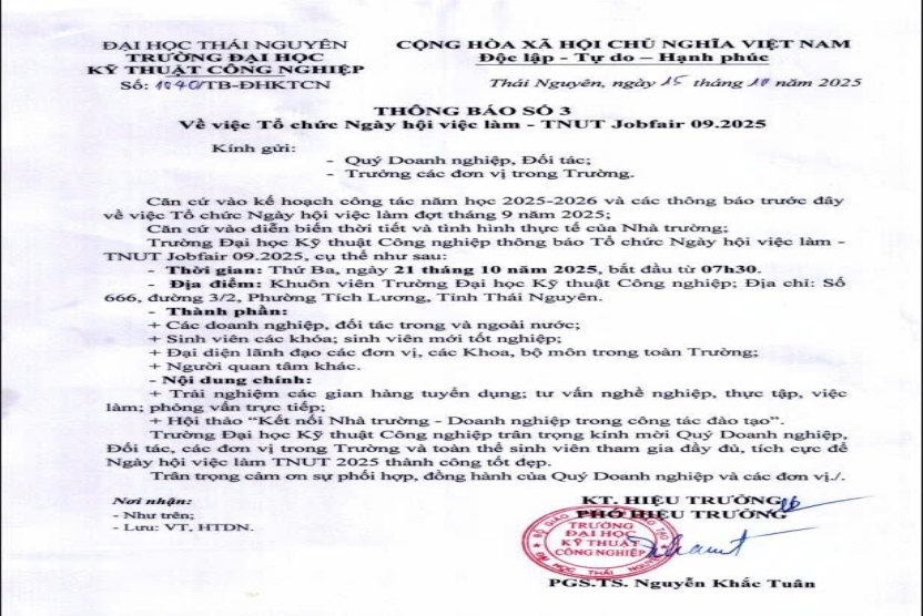 Thông báo số 03 về việc tổ chức Ngày hội việc làm tháng 9 năm 2025 